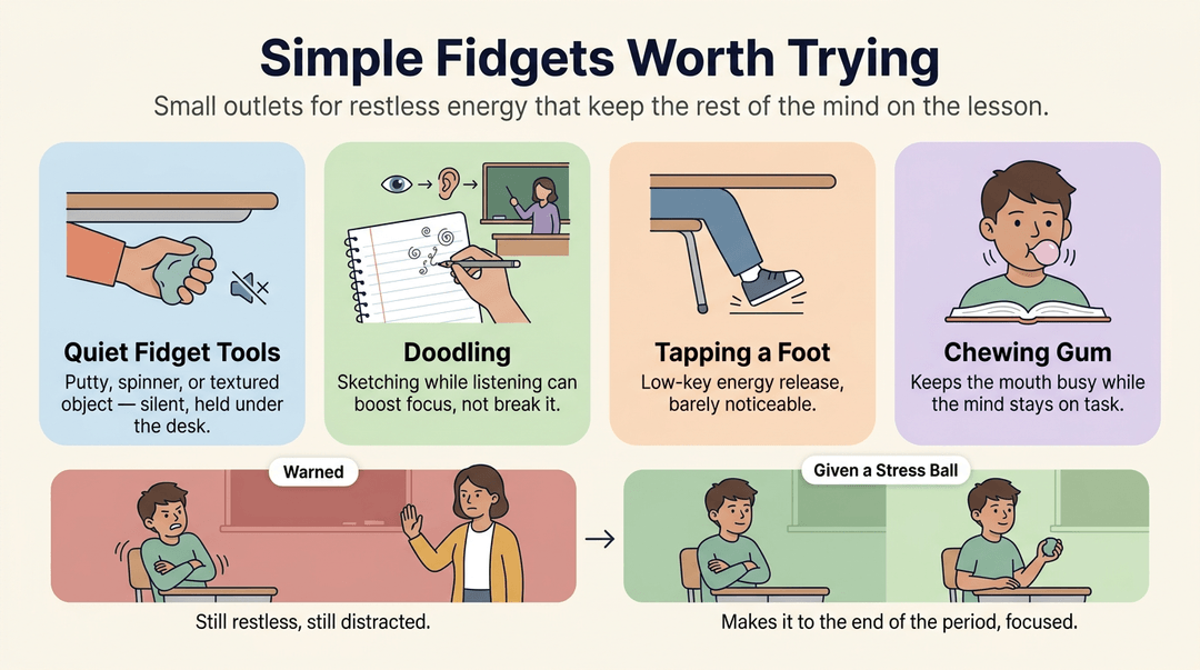 Illustration showing four fidget strategies: quiet tools, doodling, foot tapping, and gum, plus a comparison of restless versus focused behavior.