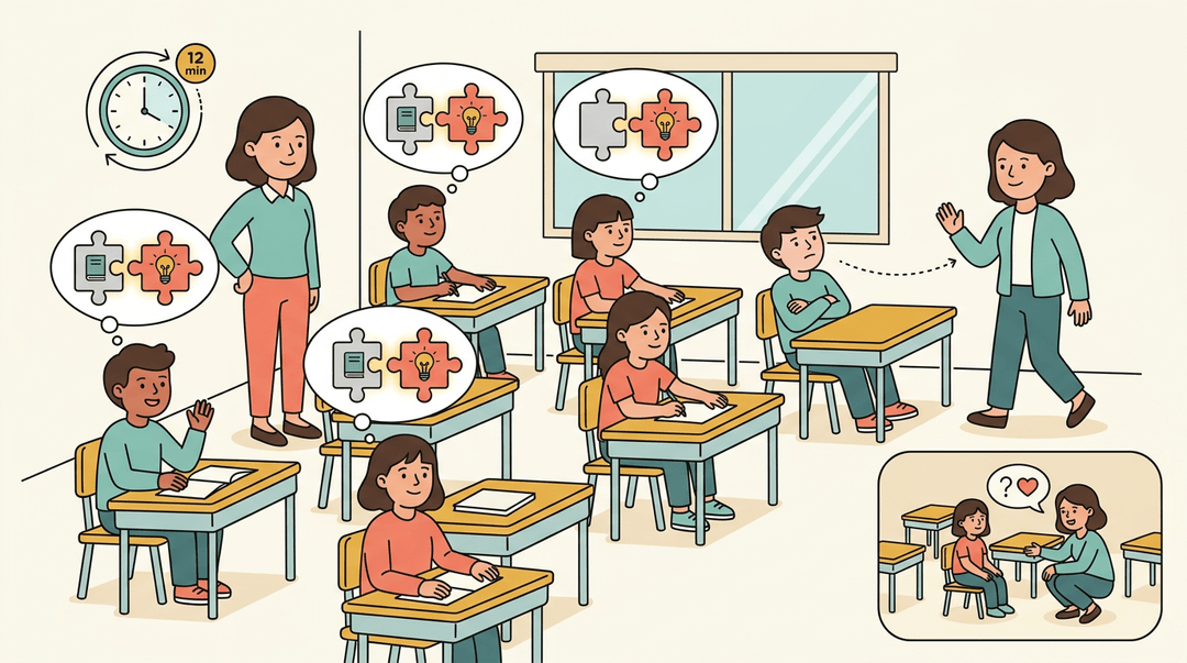 Teacher notices a disengaged student during a mental recap and approaches them with care, while peers connect new info to prior knowledge.