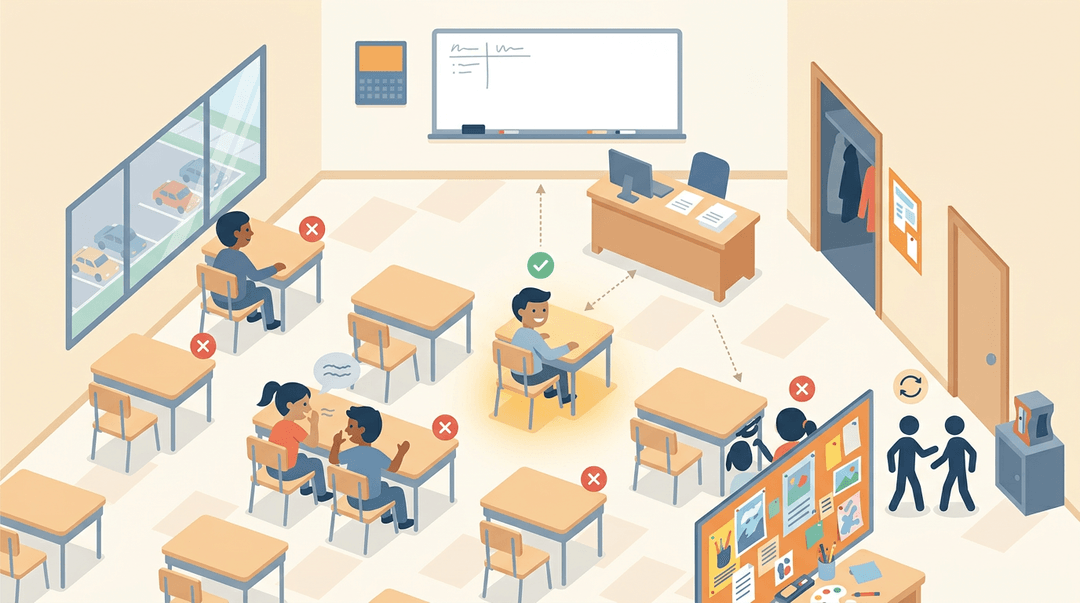Classroom infographic showing an optimal focused seat near the teacher, contrasted with distracting locations like windows and high-traffic areas.