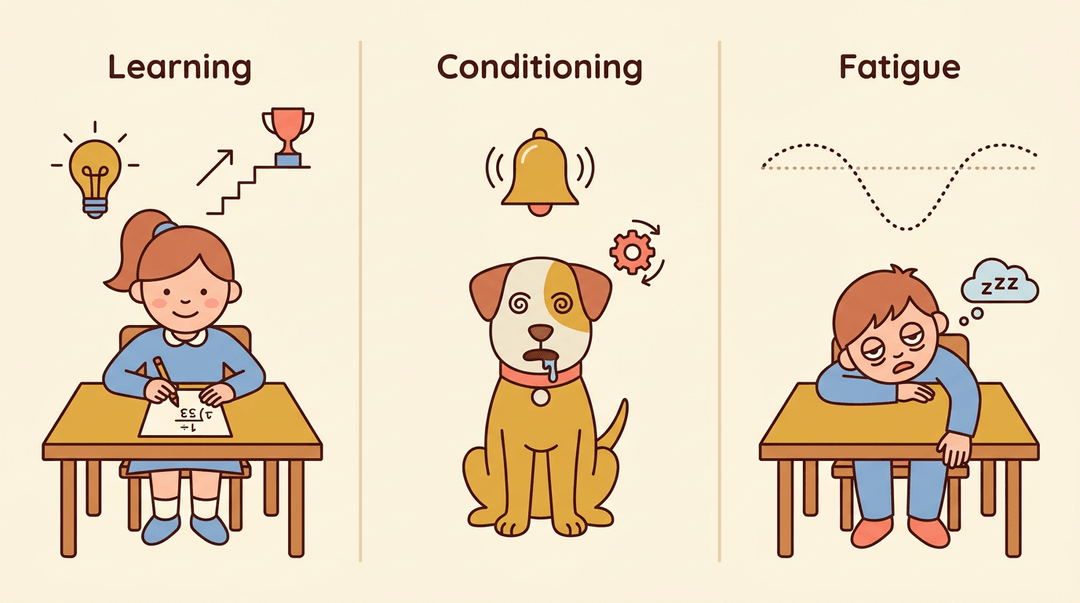 Three panels compare learning as permanent growth, conditioning as reflexive habit, and fatigue as temporary dip.