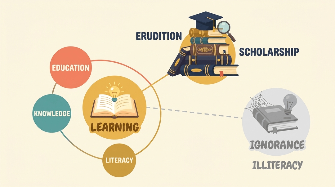 An infographic showing a central glowing book labeled learning connected to positive terms, while distant gray books represent ignorance.