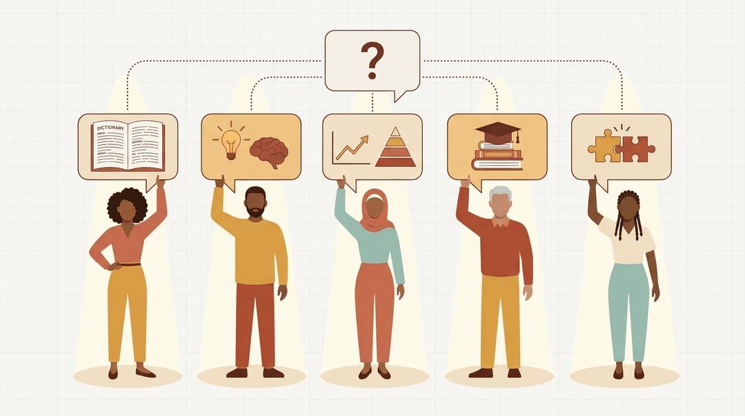 Five diverse teachers hold signs defining learning, connected to a central question mark.