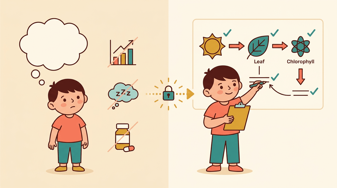 Split-panel shows a child moving from inaction to confidently labeling a plant diagram, symbolizing lasting educational growth.