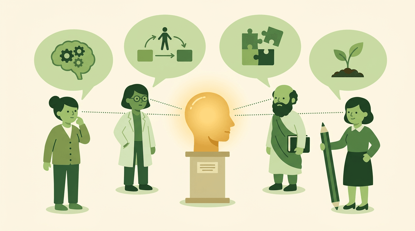 Four experts view a glowing head of learning, each seeing it through their unique lens as shown by distinct icons.