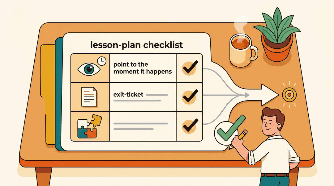 A teacher stamps a checklist on a desk, showing three icons merging into one arrow pointing to a target.