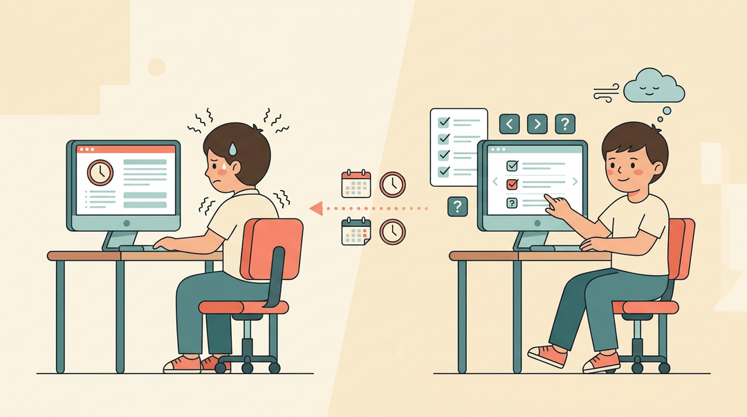 A student practices a test calmly to reduce anxiety during the actual exam, shown in a split-screen before-and-after illustration.