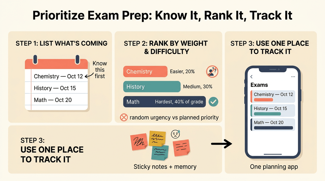 A three-step guide to prioritizing exam prep: list exams, rank them by difficulty and weight, and track everything in one app.