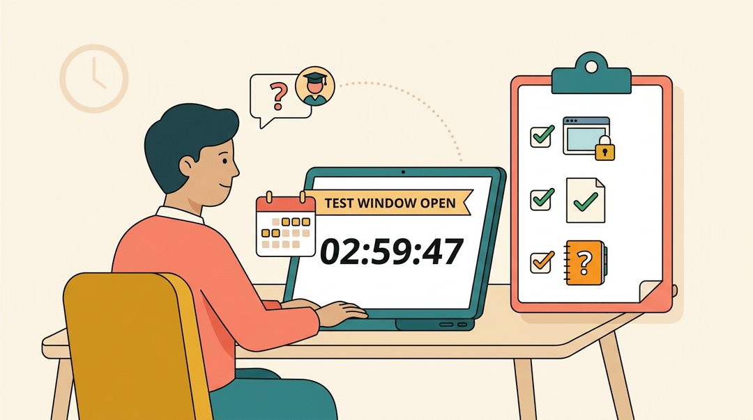 Student prepares for exam with a visible countdown timer and checklist of rules like staying on tab and using scratch paper.