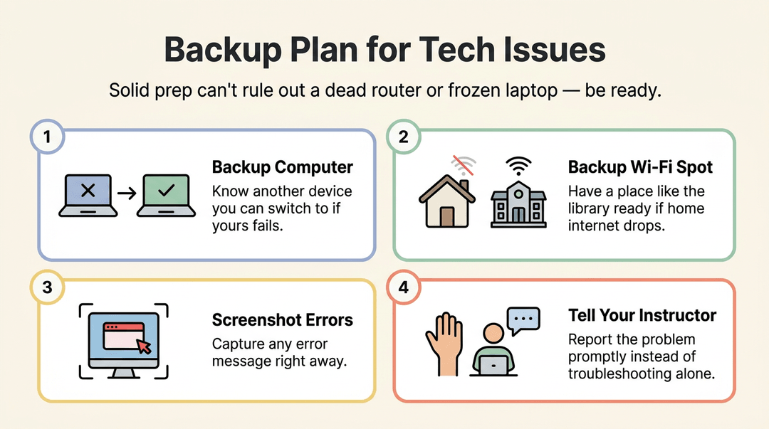 Four cards outline backup plans for tech issues: use a backup computer, find alternative Wi-Fi, screenshot errors, and tell the instructor.