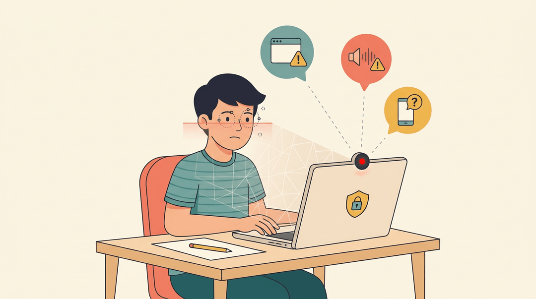Student taking an online exam monitored by AI proctoring with webcam scanning and security alerts.