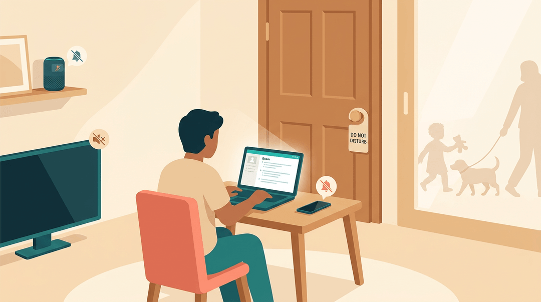 A person studies at a desk in a quiet room with silenced devices and a closed door, symbolizing distraction-free focus.