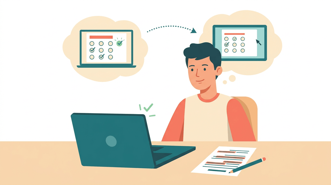Teenager confidently studies at a desk with a laptop quiz, study guide, and thought bubble showing exam readiness.