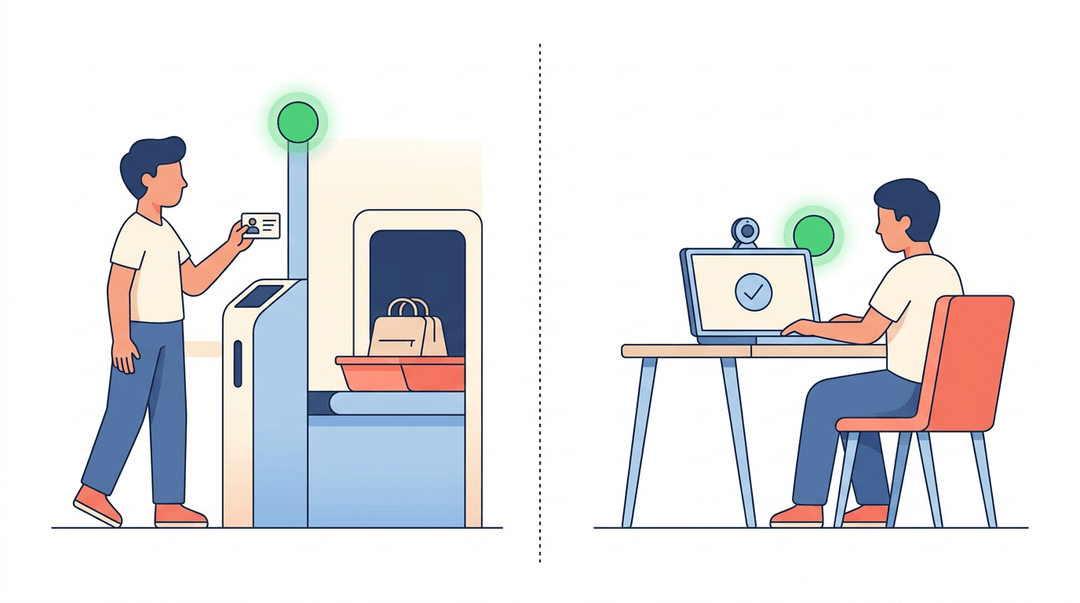 Split illustration comparing airport security to online exam verification, showing parallel identity checks with green clearance lights.