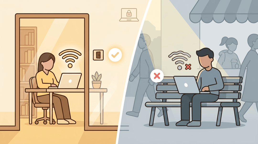 A comparison of a secure, quiet home study with strong Wi-Fi versus an unreliable public space with weak signal.