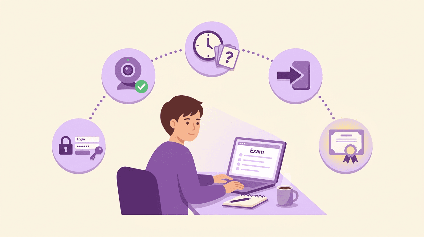 A student takes an online exam, with icons showing steps from login to results.