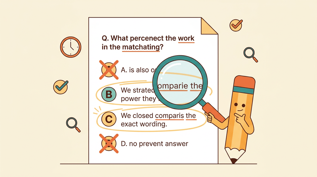 A cartoon pencil considers a test paper where options A and D are crossed out, leaving B and C circled for careful comparison under a magnifying glass.