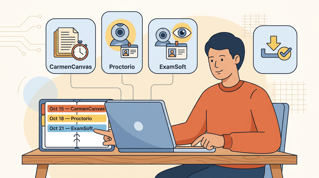 A student at a desk points to a planner connected by dotted lines to icons for CarmenCanvas, Proctorio, and ExamSoft.