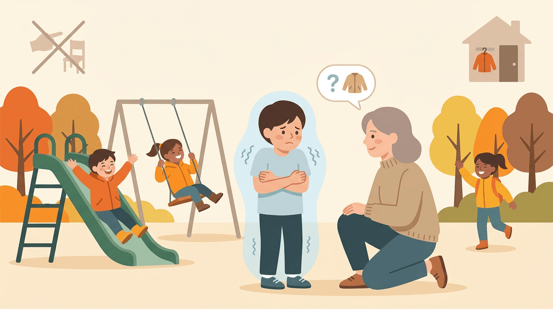 A shivering child in a t-shirt stands near playing peers while a parent kneels to ask what's wrong, highlighting natural consequences over punishment.