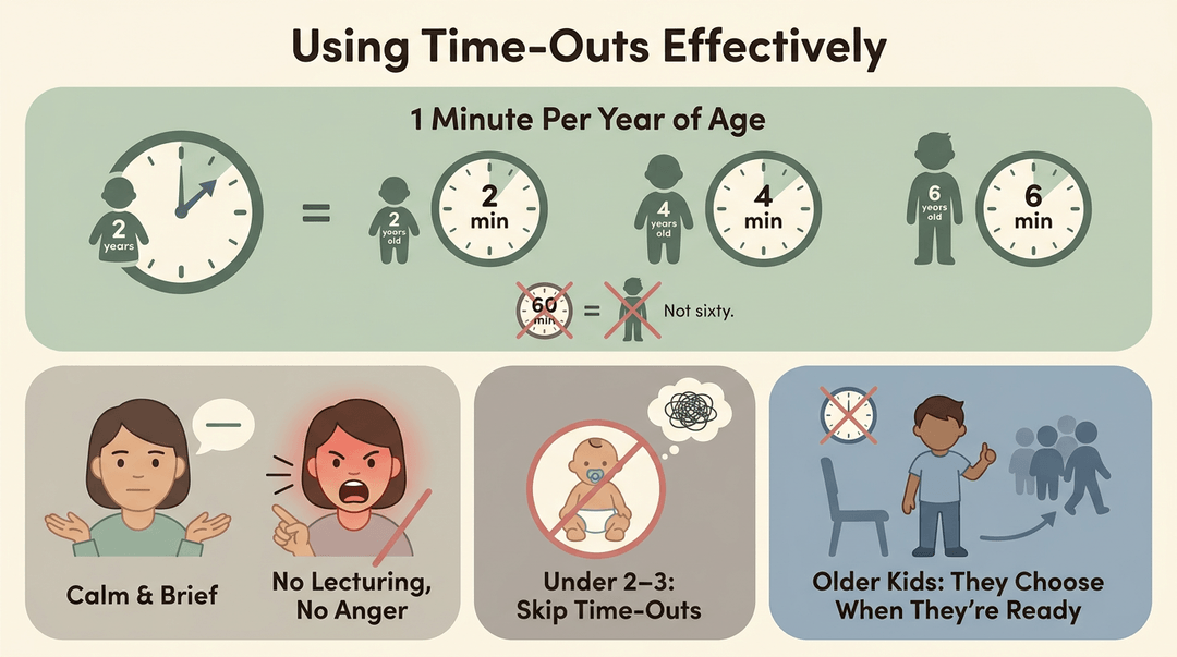 Infographic showing time-out rules: 1 minute per year of age, stay calm, skip for toddlers, and let older kids choose when to return.