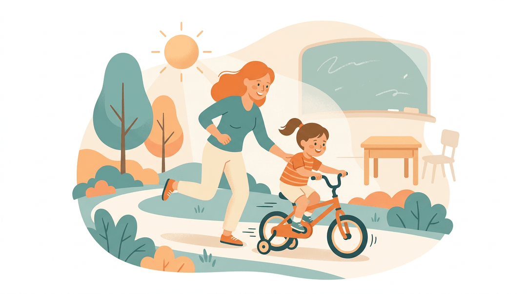 Parent gently guides child on a bike with training wheels, symbolizing supportive teaching.