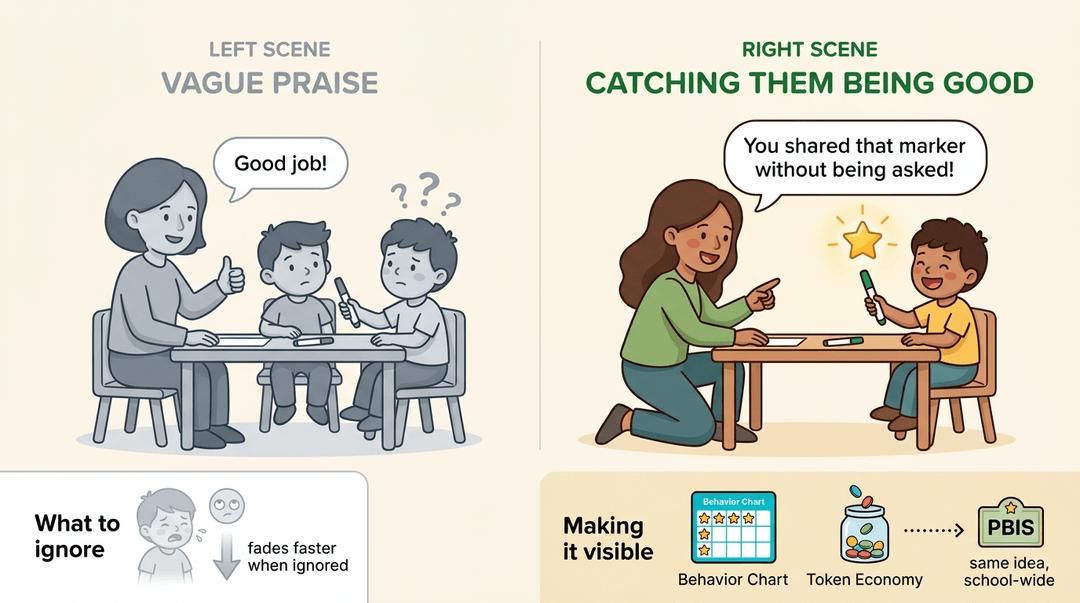 Illustration contrasting vague praise with specific positive reinforcement, showing how targeted feedback and systems like behavior charts support student sharing.