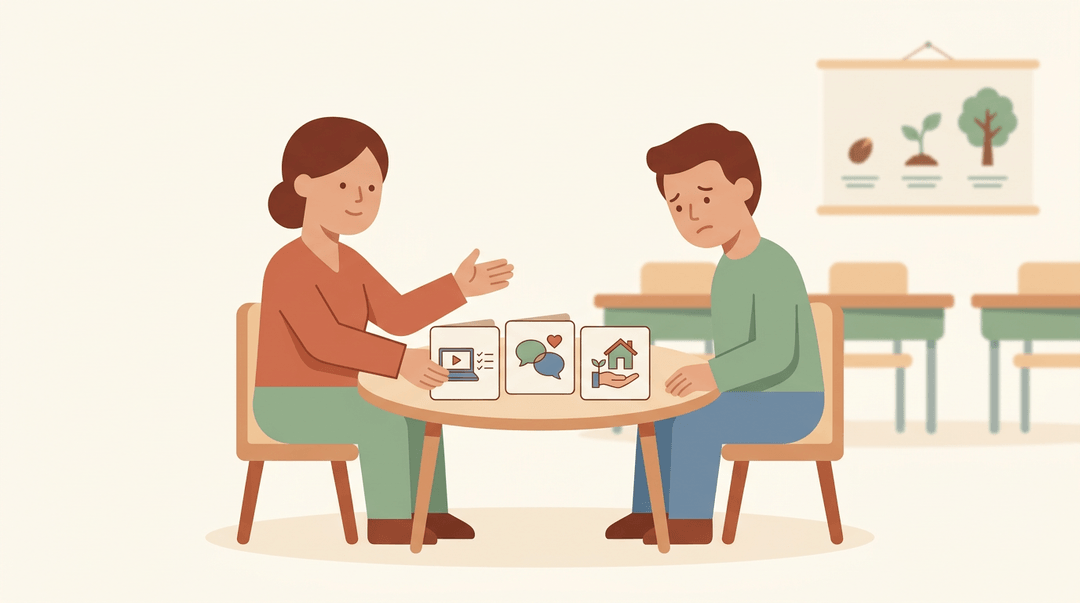 Teacher offers resource cards for online programs, counseling, and advocacy to a parent during a conference.