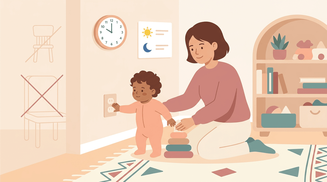 Caregiver redirects toddler to safe toy, with fading time-out icon in background.