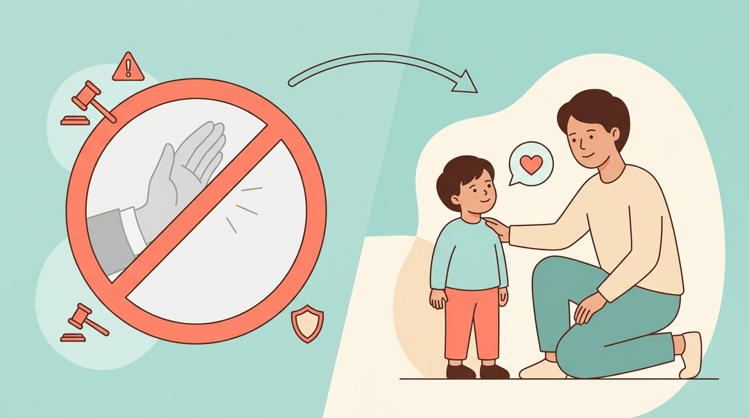 A crossed-out hand symbolizes ending punishment, while a parent and child connect warmly, illustrating a shift to positive parenting.
