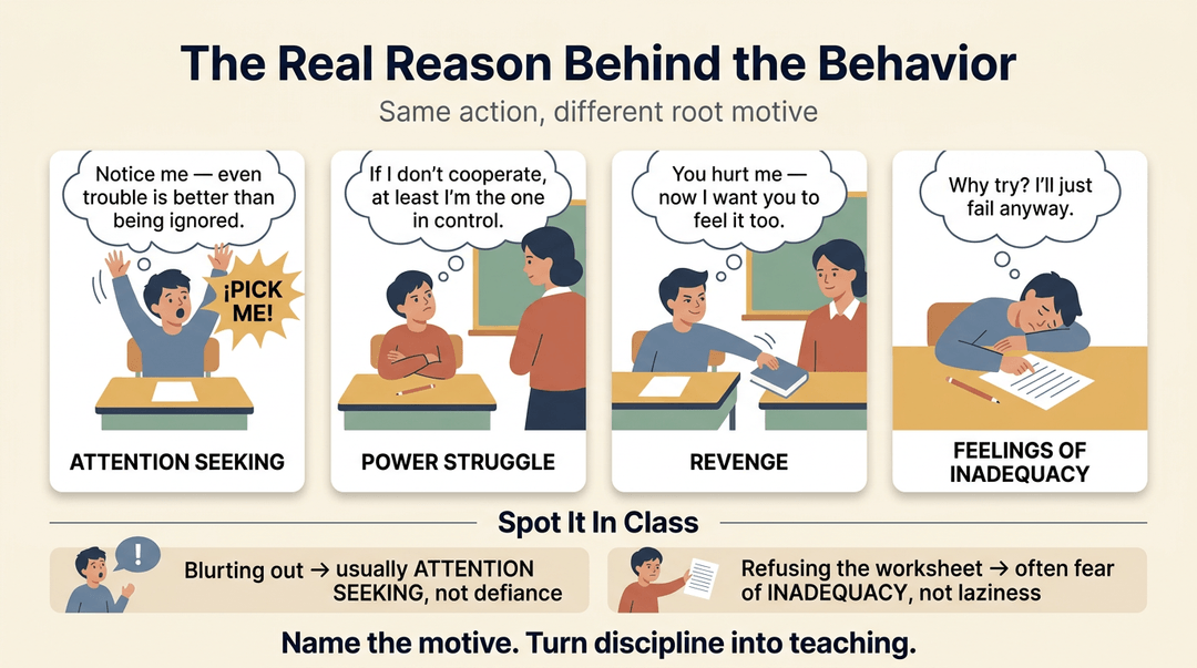 Infographic showing four student behaviors linked to hidden motives like attention, power, revenge, and inadequacy.