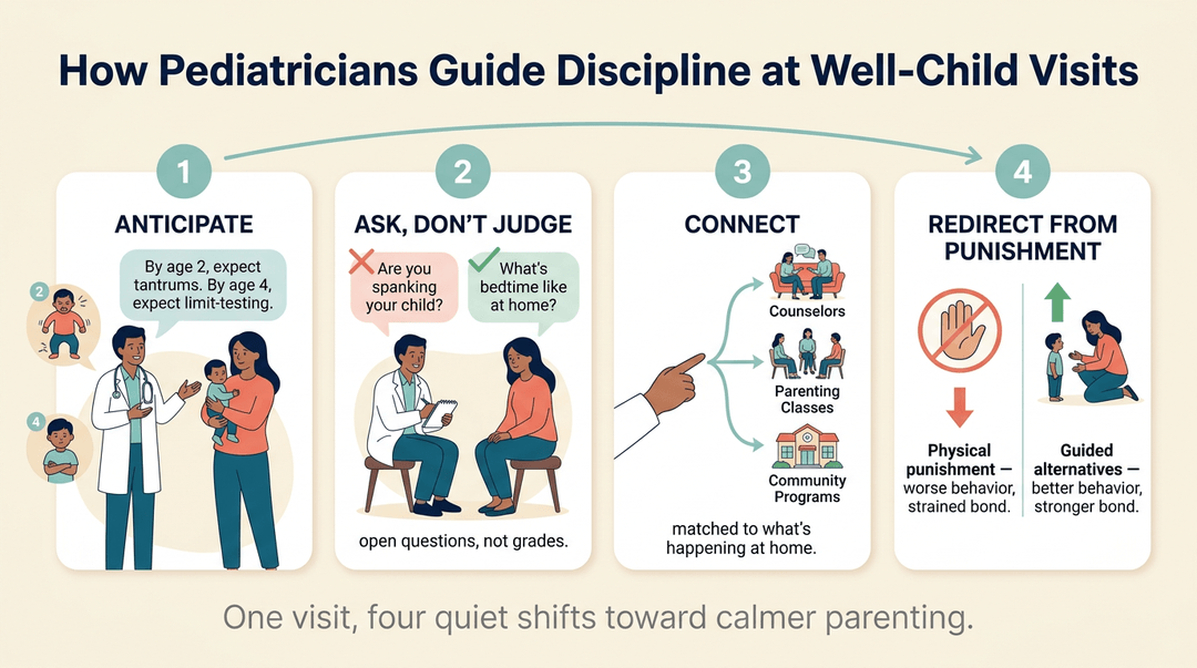Infographic showing four pediatric discipline steps: anticipate, ask, connect, and redirect from punishment.