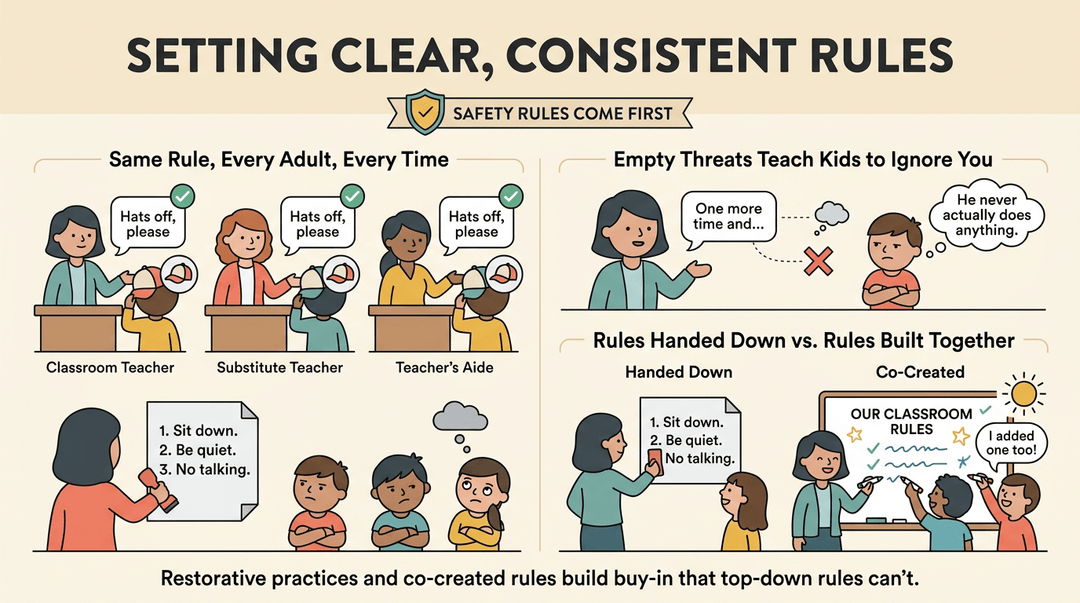 Infographic illustrating classroom rules with examples of consistency, empty threats, and co-created guidelines for teacher buy-in.