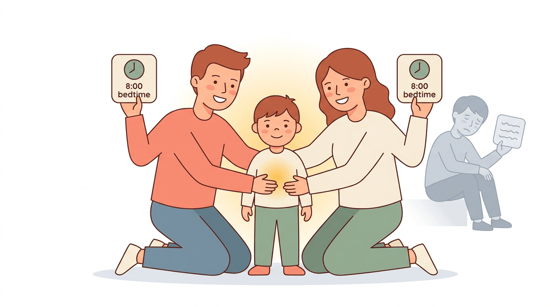 Parents kneeling together form a protective circle around their child, holding matching clock icons to show consistent bedtime rules.