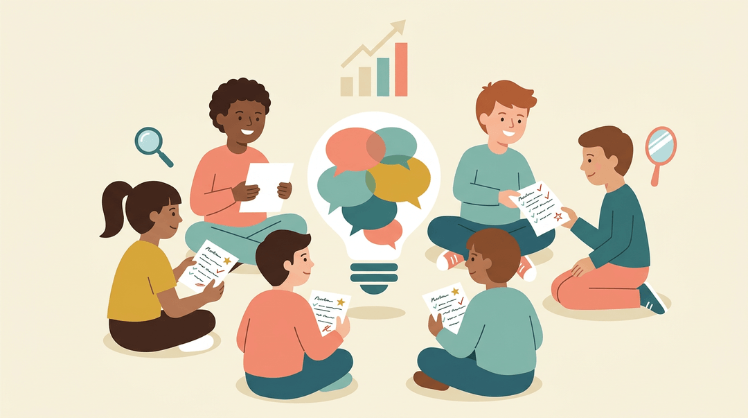 Diverse students sit in a circle sharing papers with feedback, centered around a glowing lightbulb of speech bubbles to symbolize collaborative learning.