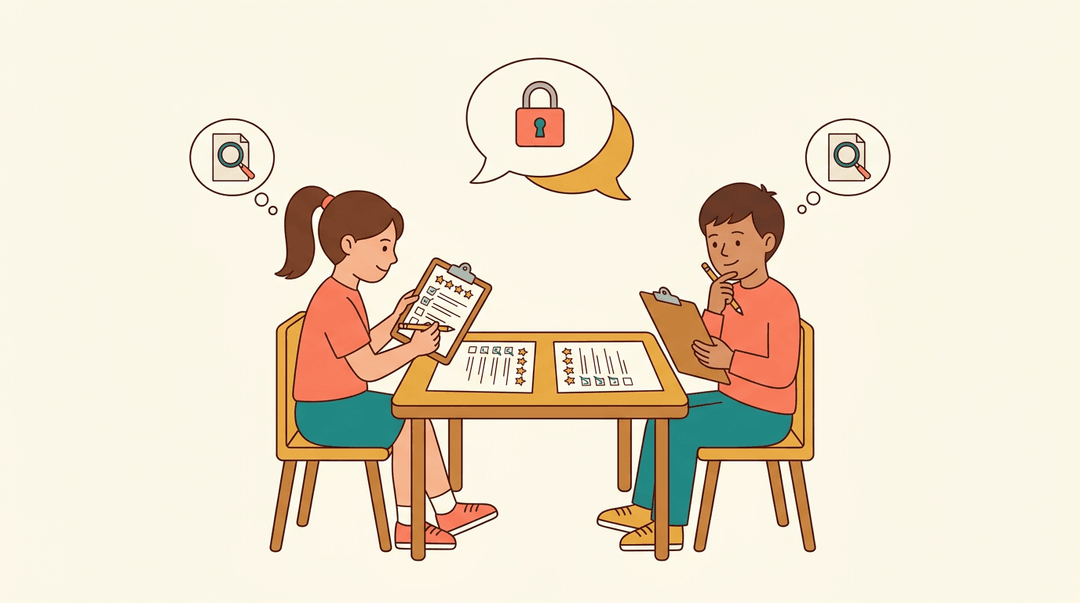 Two students sit at a table exchanging peer feedback using clipboards and rubrics, symbolizing mutual evaluation.