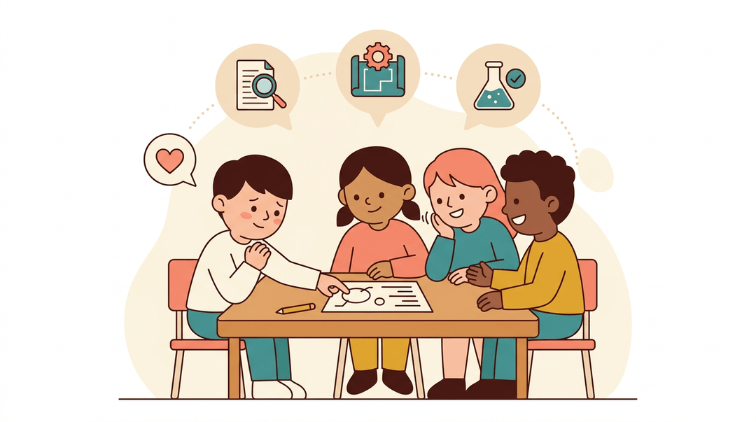 Three diverse students collaborate on a worksheet, offering kind peer feedback symbolized by supportive icons and gentle expressions.