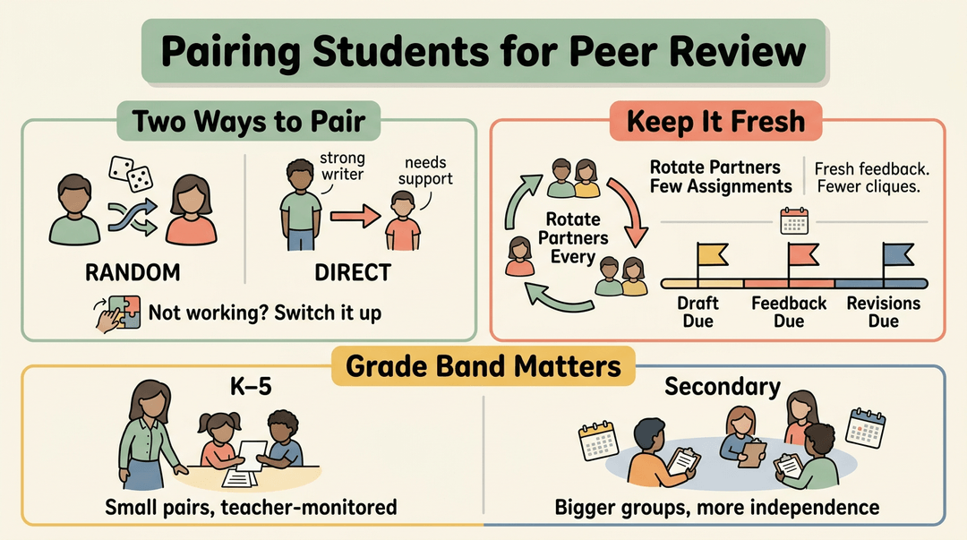 Infographic showing three peer review pairing strategies: random or direct pairs, rotating partners, and age-appropriate group sizes.