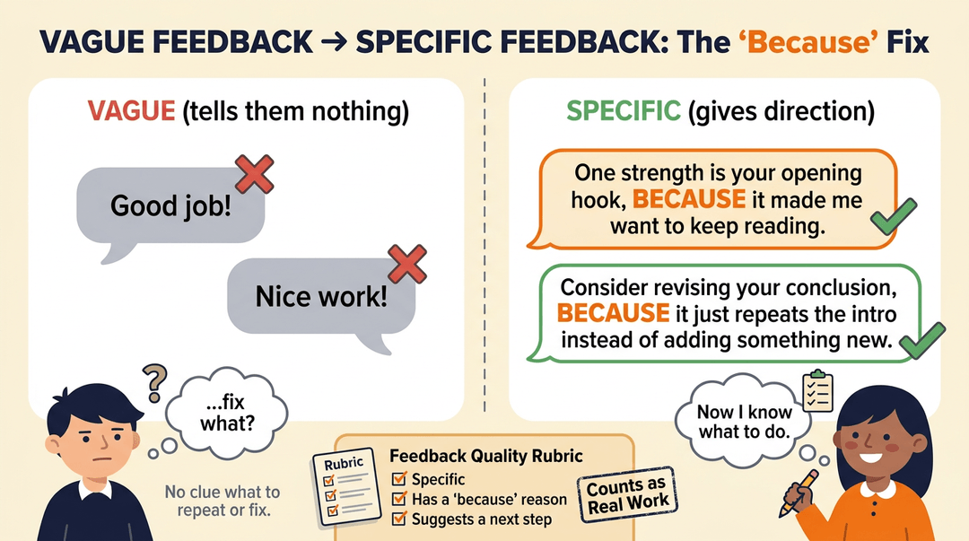 Infographic comparing vague feedback with specific feedback using the