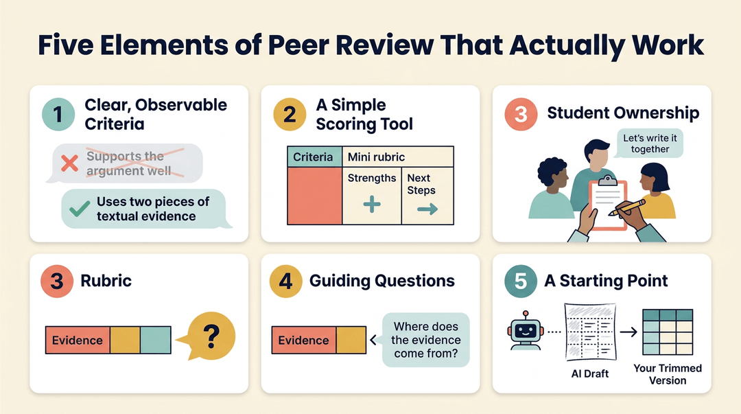 Five cards illustrate peer review elements: clear criteria, a scoring tool, student ownership, guiding questions, and AI as a starting point.