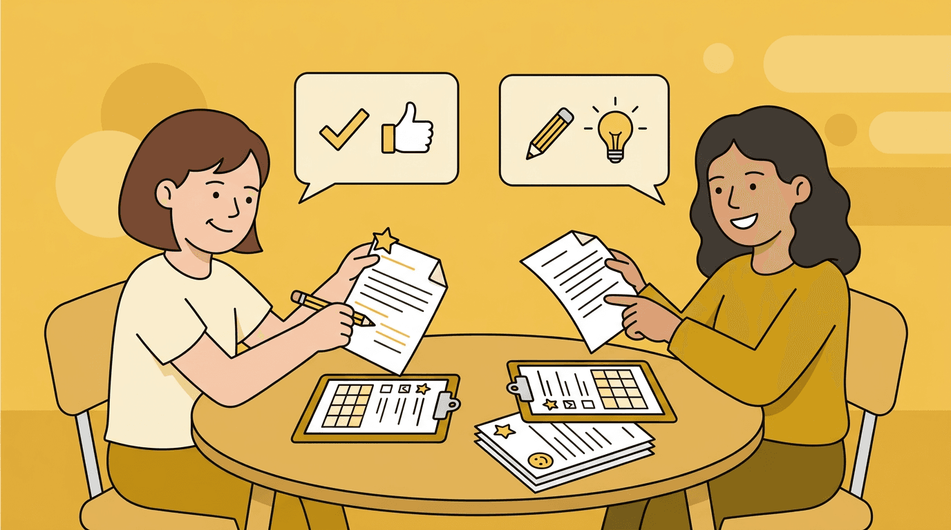 Two students at a table exchange papers, giving each other positive feedback with stickers and speech bubbles.