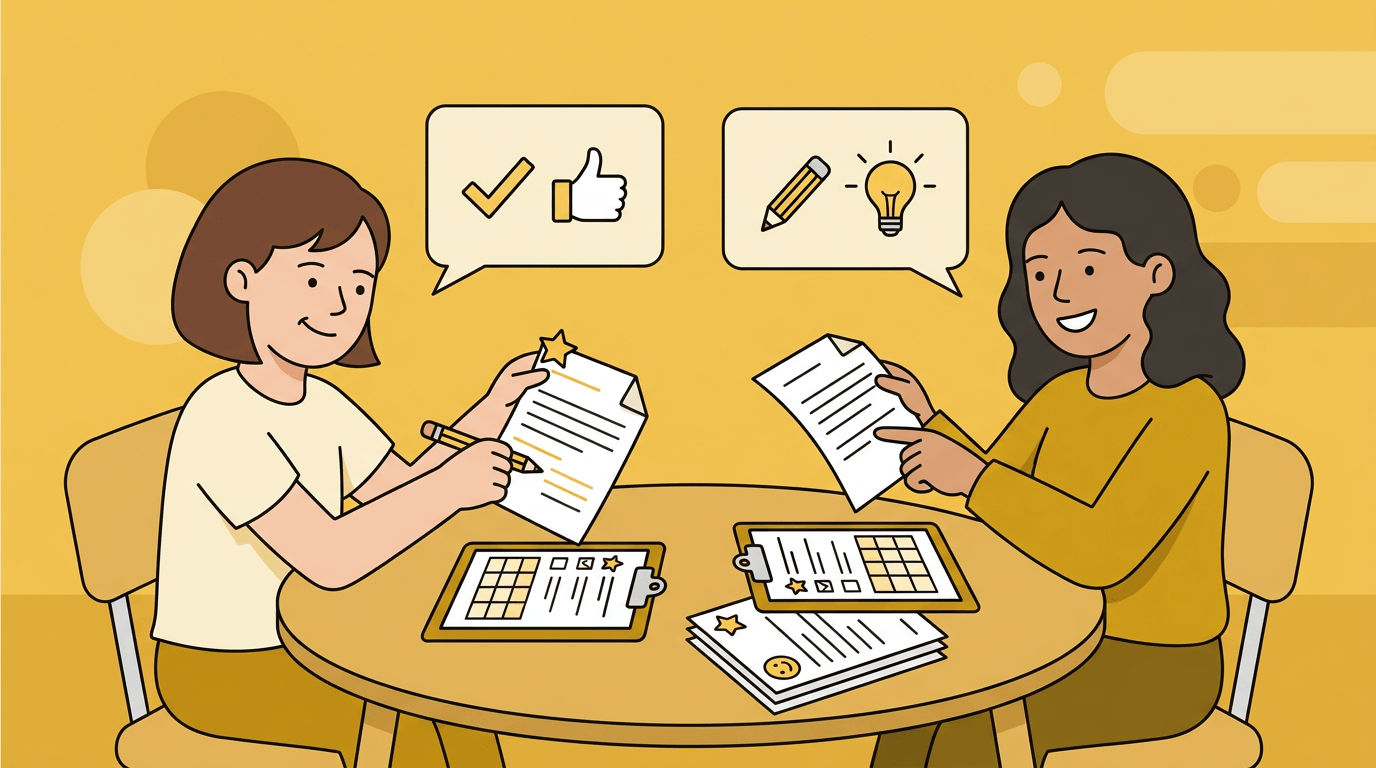 Two students at a table exchange papers, giving each other positive feedback with stickers and speech bubbles.