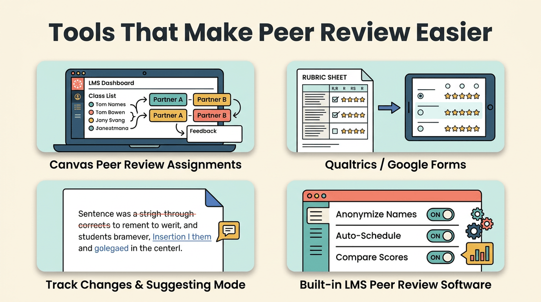 Four cards illustrate peer review tools: LMS pairing, digital rubrics, track changes, and automated settings.