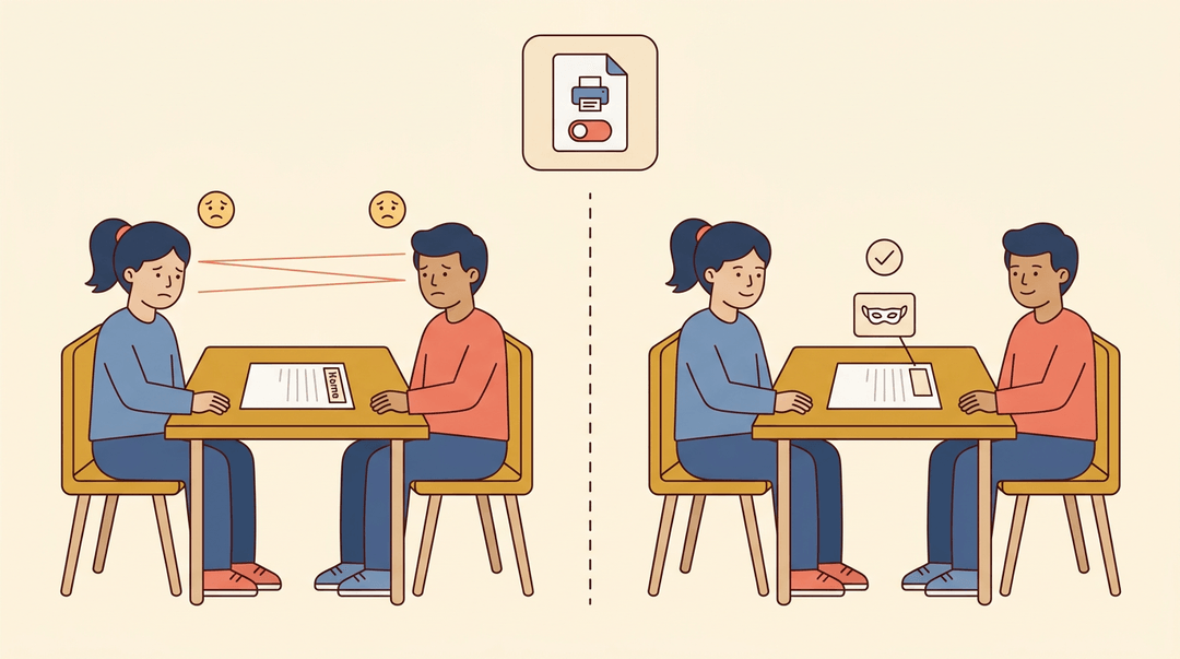 Flat illustration showing how anonymous peer review reduces student anxiety compared to named reviews, using calm versus tense visuals.