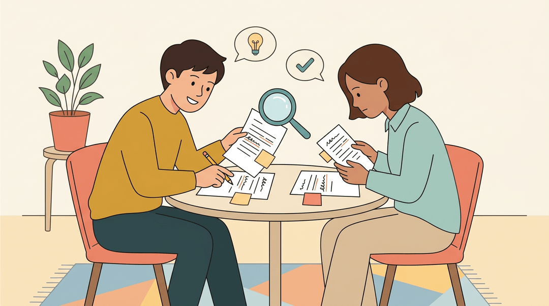 Two students peer review papers at a table, using a magnifying glass and speech bubbles to show constructive feedback.