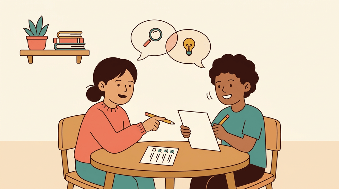 Two students collaborate at a table, using a checklist and icons to review each other's work in a calm classroom.