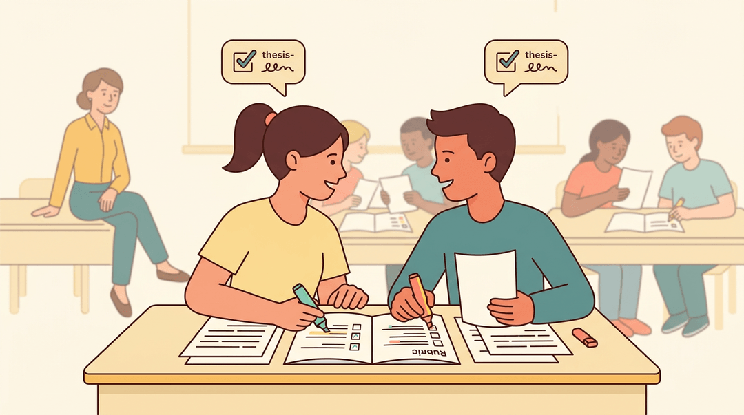 Two eighth graders peer-review essays side-by-side while a teacher observes from the background, emphasizing shared standards.