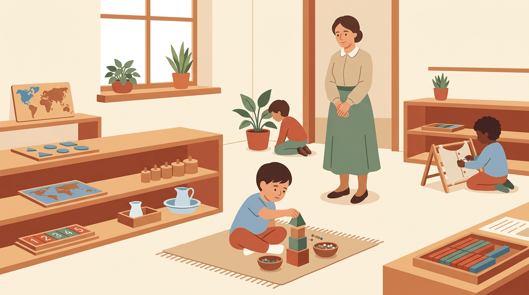 Child stacks blocks on a rug in a Montessori classroom while an adult observes nearby shelves of learning materials.