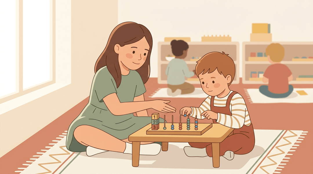 Two children explore wooden math beads in a cozy Montessori classroom, with an older girl gently guiding a younger boy.