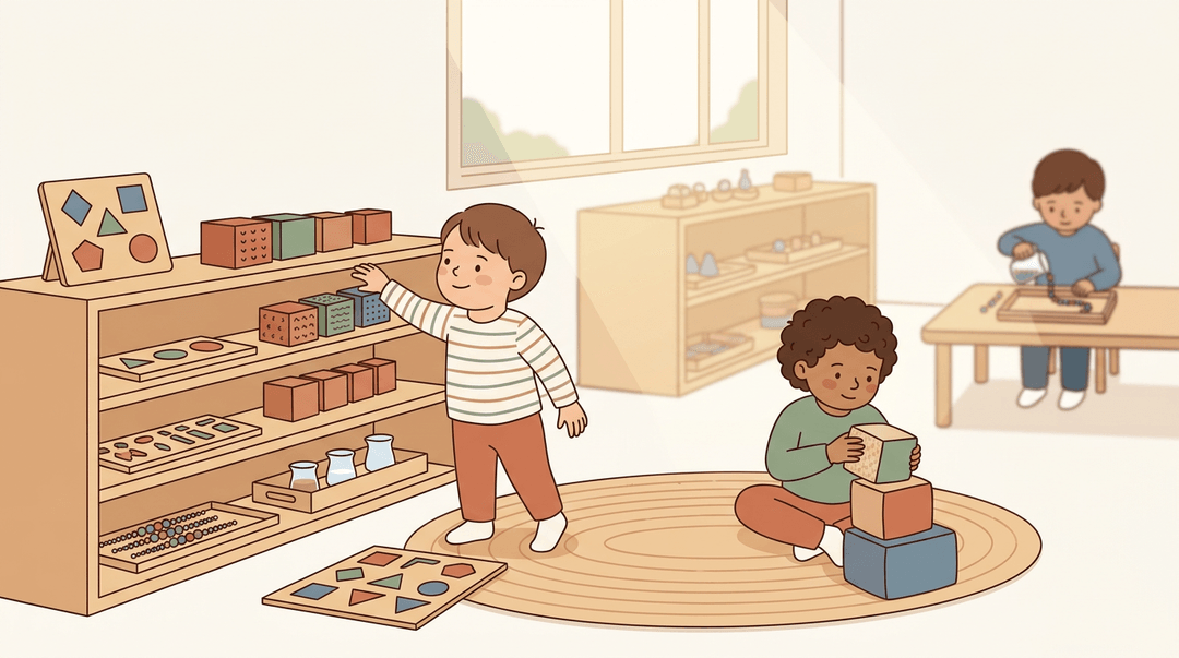 Children independently choose and use hands-on materials in a calm, sunlit Montessori classroom.