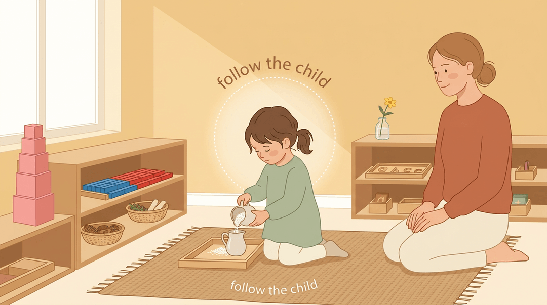 Montessori child pouring rice while teacher observes quietly, surrounded by learning materials in a calm classroom.