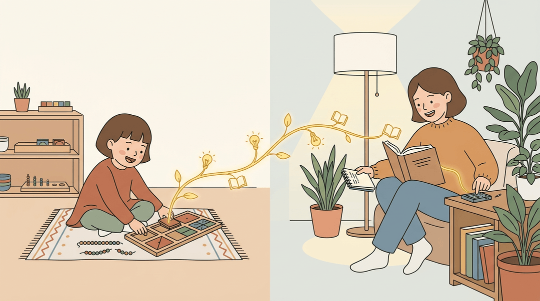 A golden vine connects a curious child in a Montessori classroom to an engaged adult, symbolizing lifelong intrinsic motivation.
